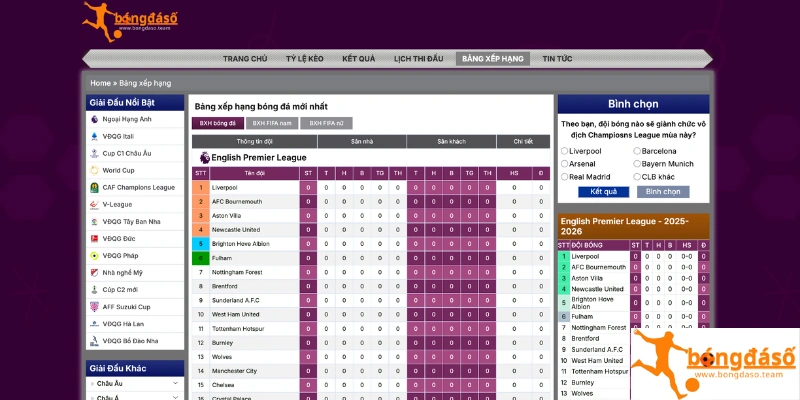 Giới thiệu về bảng xếp hạng tại trang web Bongdaso